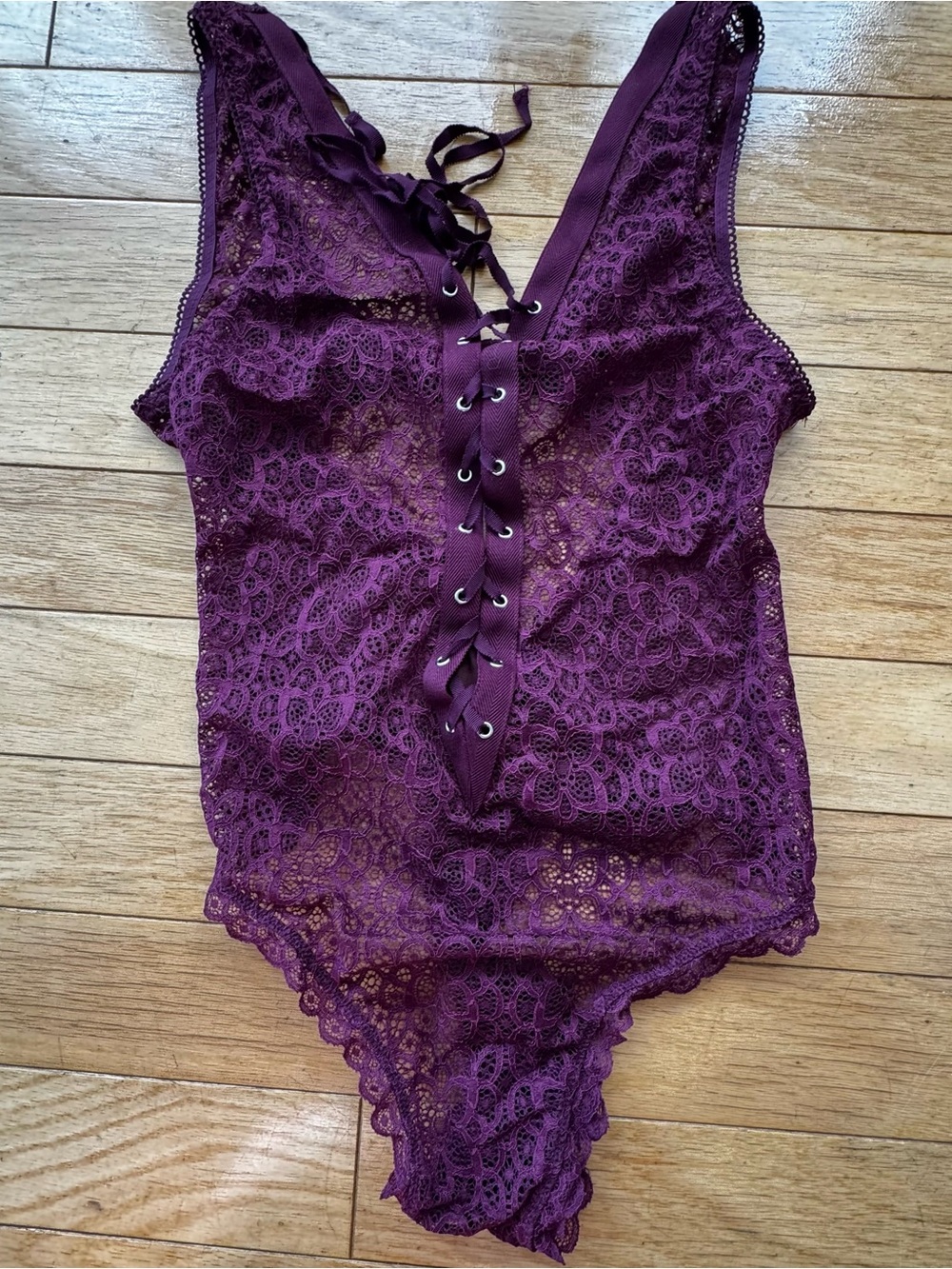 Victoria’s Secret Purple Lace-Up Sheer Bodysuit – Size L (Stretchy Fit)